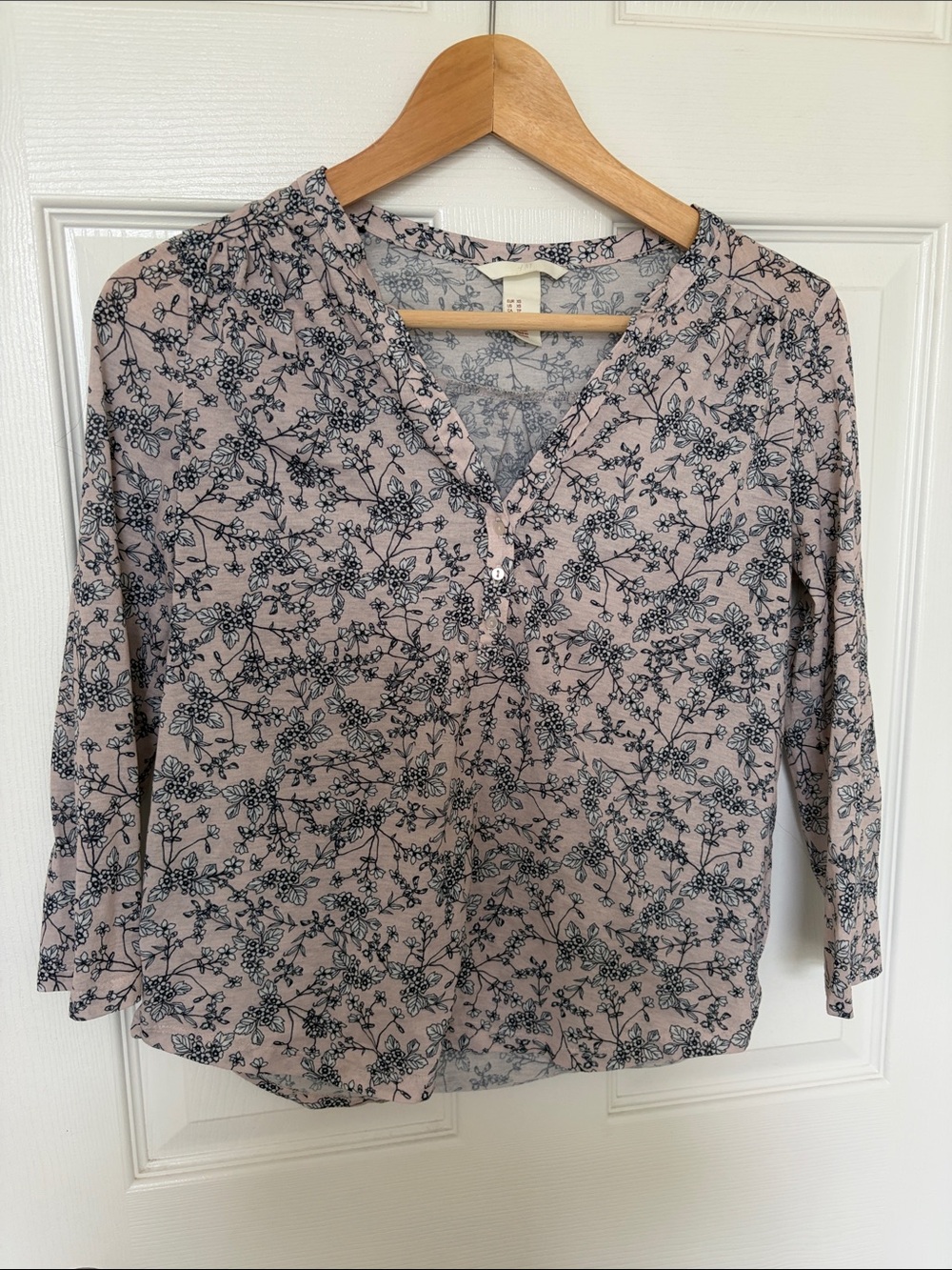 H&M Light Pink Floral V-Neck Blouse with Navy Print